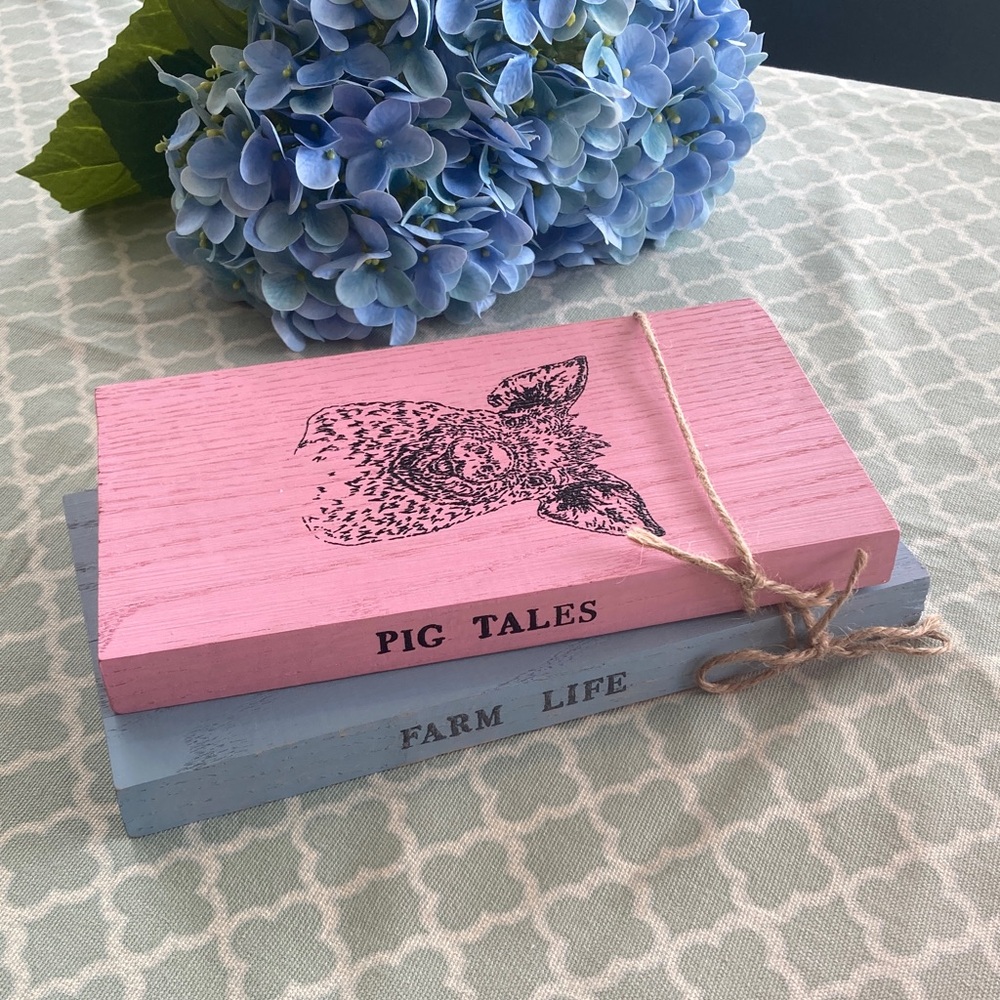 Pig Tales and Farm Life Faux Wooden Book Decor Handmade